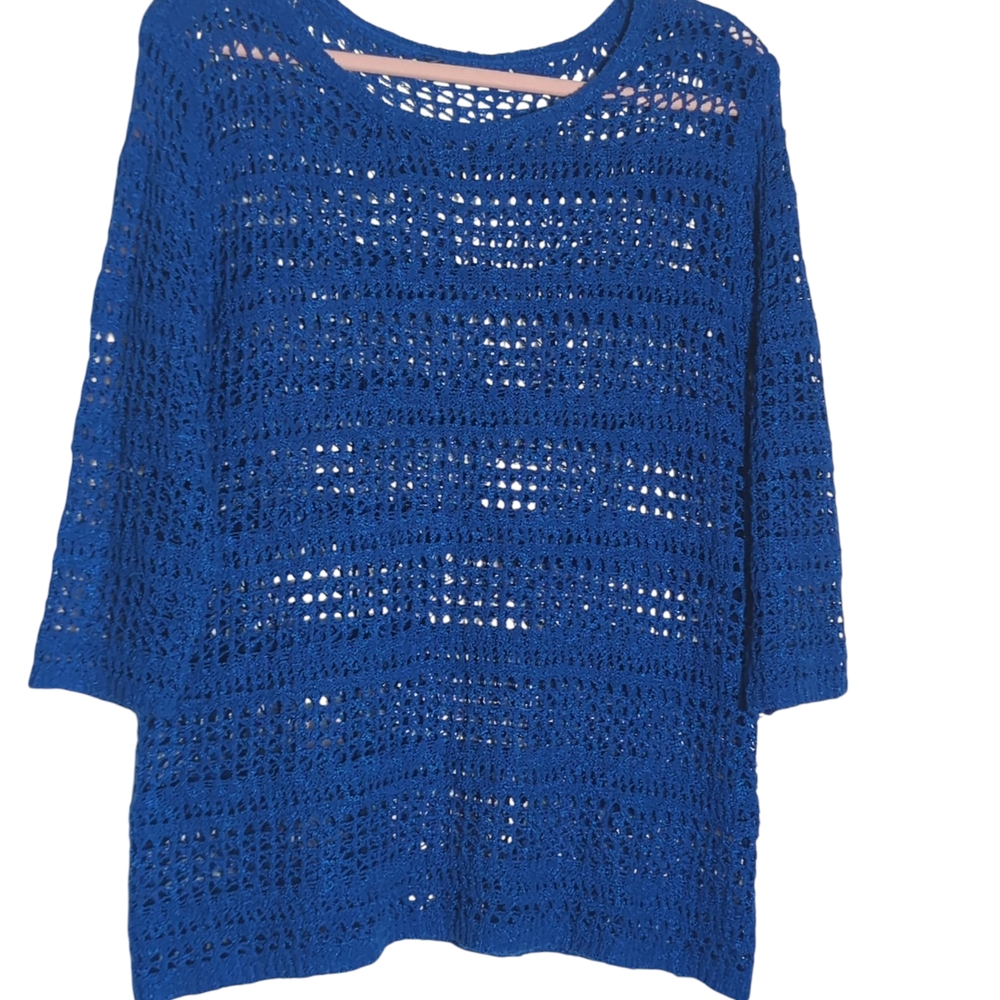 Blue Open Knit Medium Crochet Top Resort Minimalist Lagenlook Layering Coastal